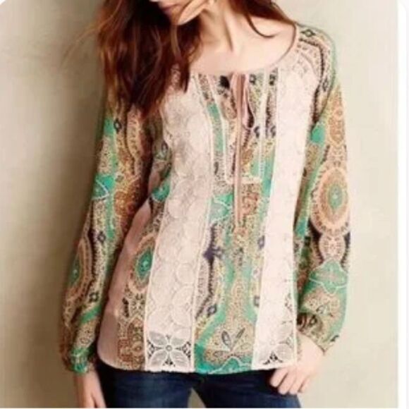 (BOGO FREE) Anthropologie  Meadow Rue Giada peasant top Blouse Sz Small - Picture 1 of 4